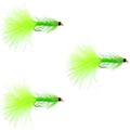 3 Pack Chartreuse Bead Head Crystal Woolly Bugger Streamer Fly - Size 8